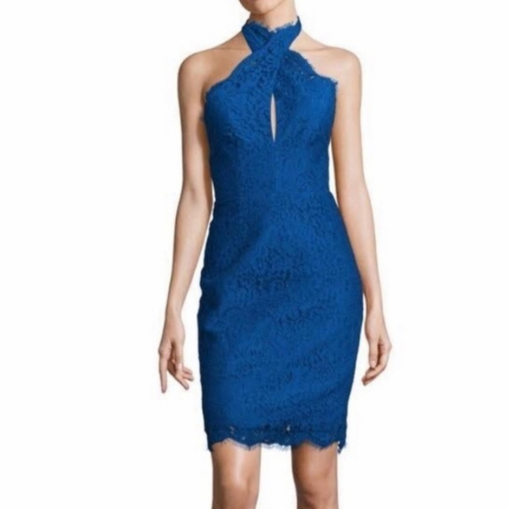 Keepsake The Label Halter‎ Neck Blue Lace Knee-length Dress Women's Size XL